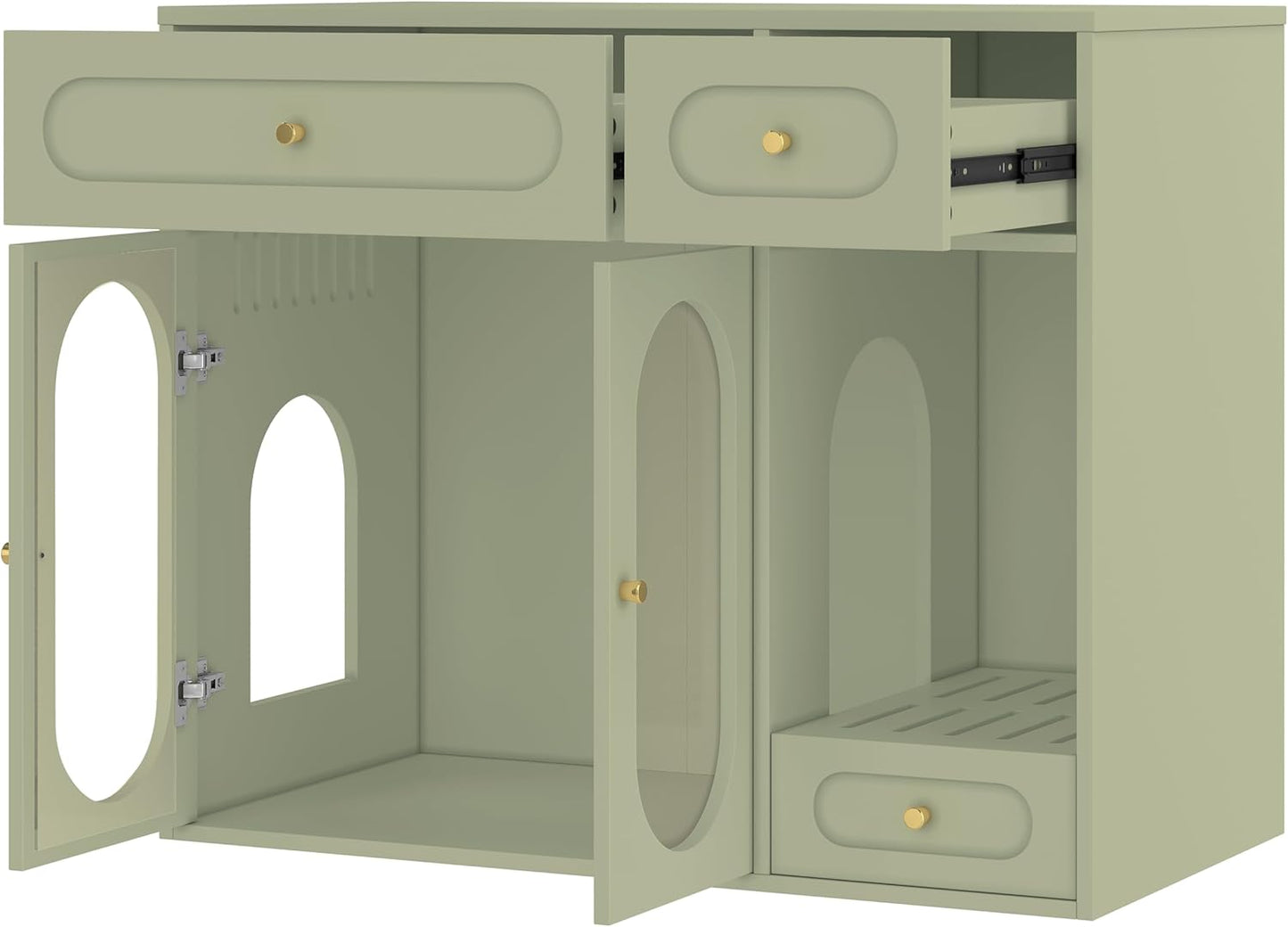 Cat Litter Box Enclosure with LED Light, Hidden Litter Box Cabinet with Storage Drawers