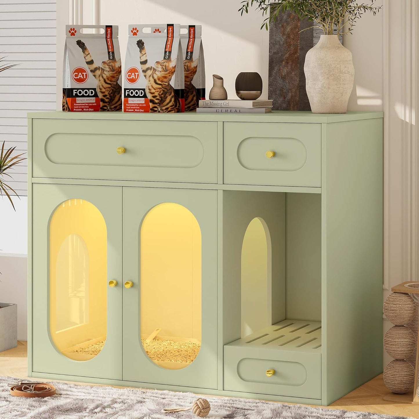 Cat Litter Box Enclosure with LED Light, Hidden Litter Box Cabinet with Storage Drawers