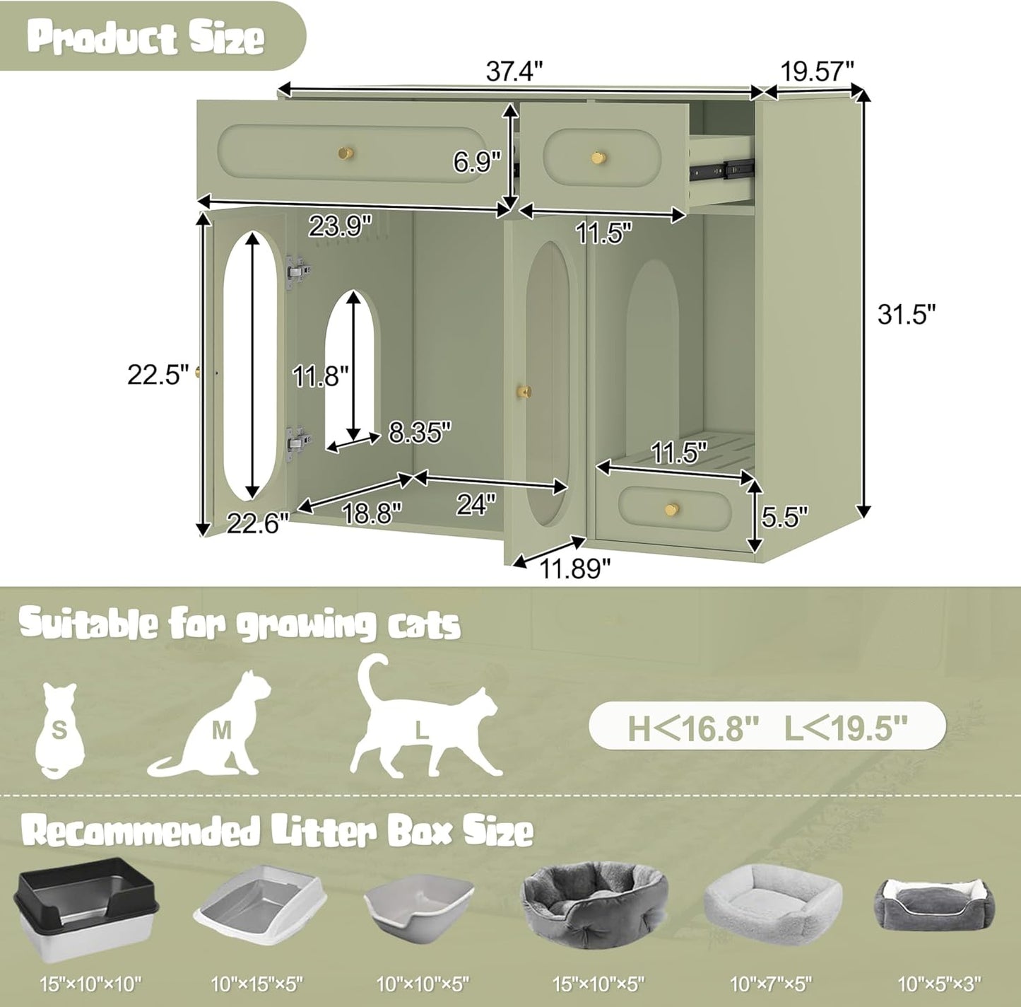 Cat Litter Box Enclosure with LED Light, Hidden Litter Box Cabinet with Storage Drawers