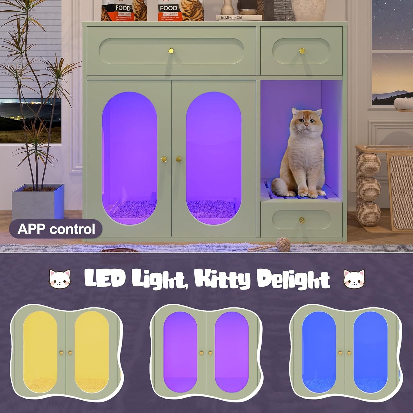 Cat Litter Box Enclosure with LED Light, Hidden Litter Box Cabinet with Storage Drawers