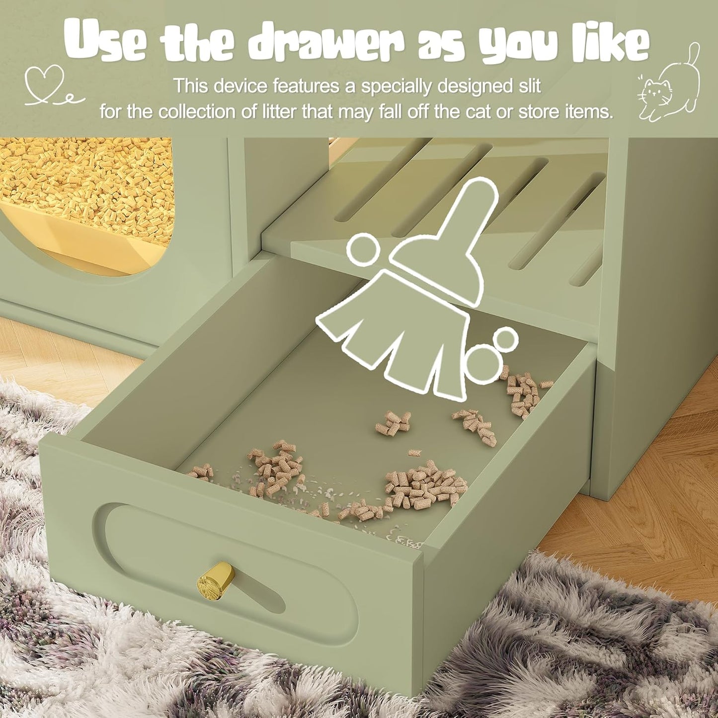 Cat Litter Box Enclosure with LED Light, Hidden Litter Box Cabinet with Storage Drawers