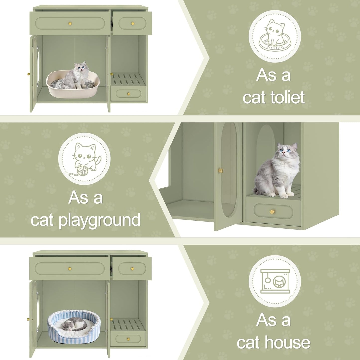 Cat Litter Box Enclosure with LED Light, Hidden Litter Box Cabinet with Storage Drawers