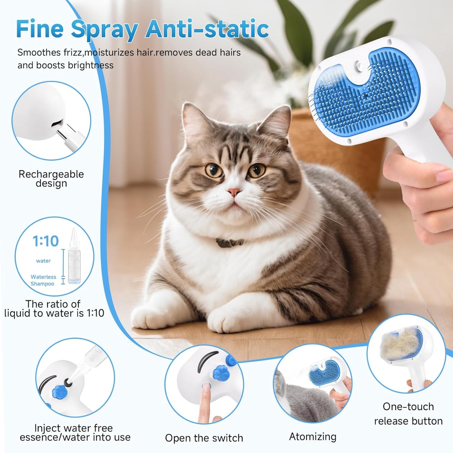 Pet Steam Brush for Dog & Cat - 3-in-1 Steam Grooming Brush