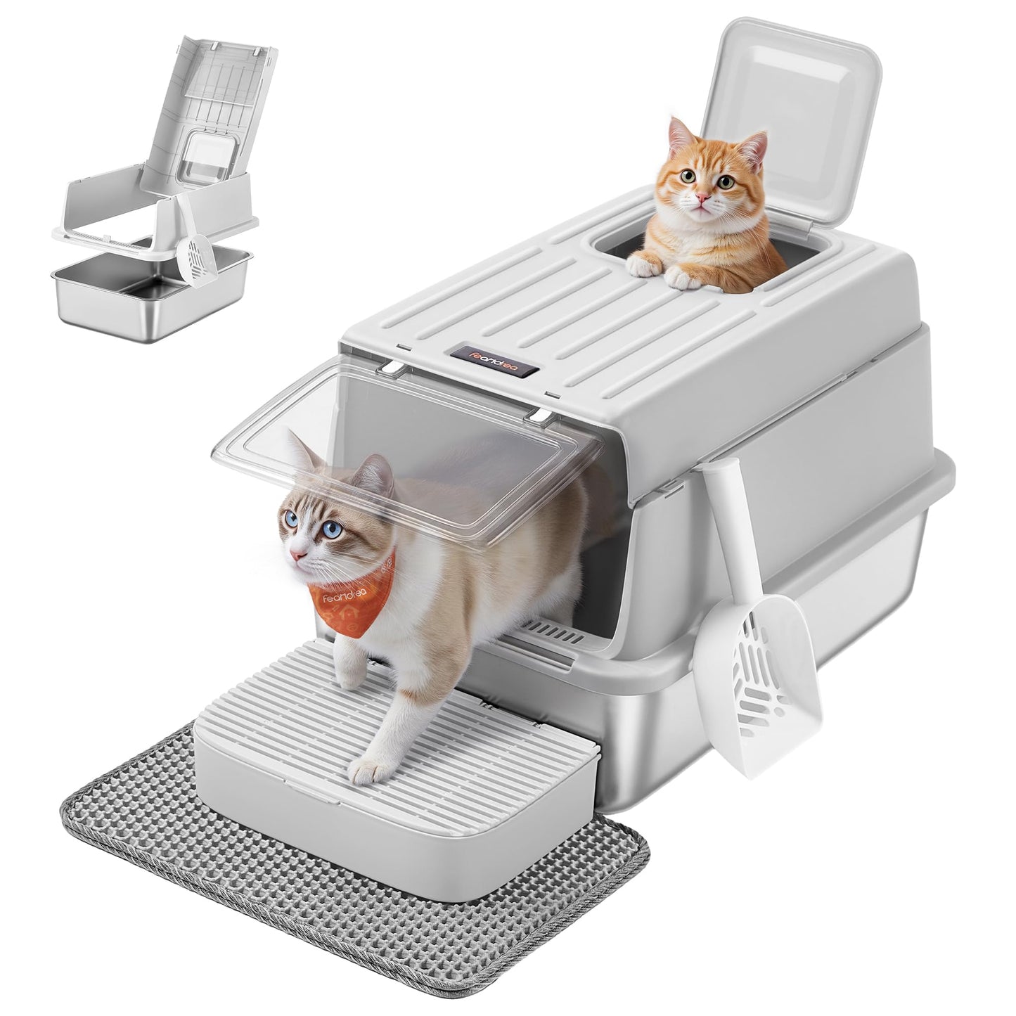 Feandrea Stainless Steel Cat Litter Box with Flip Lid, Litter Catcher Mat and Box, 2 Doors