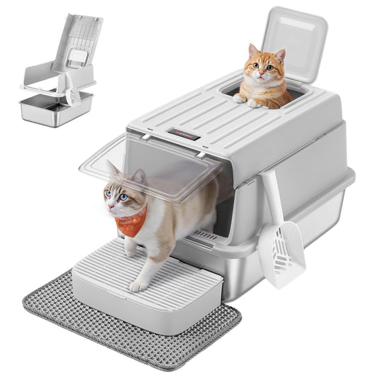 Feandrea Stainless Steel Cat Litter Box with Flip Lid, Litter Catcher Mat and Box, 2 Doors