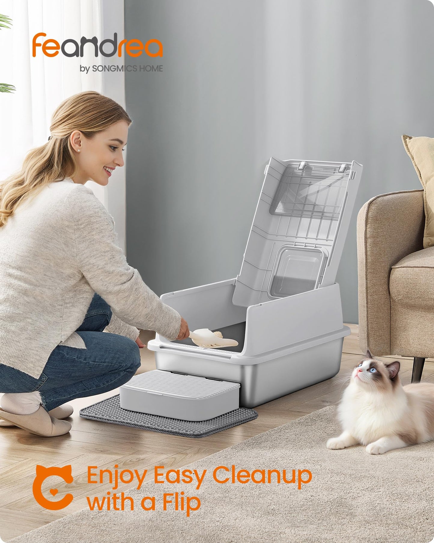 Feandrea Stainless Steel Cat Litter Box with Flip Lid, Litter Catcher Mat and Box, 2 Doors