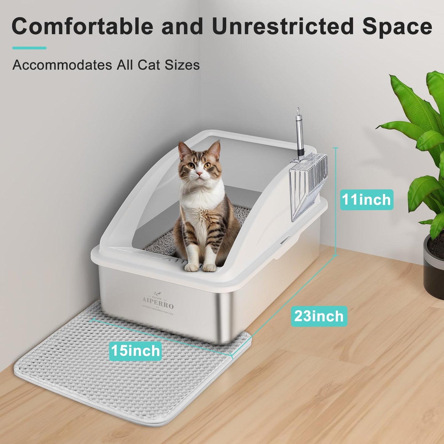 Stainless Steel Litter Box Anti-Urine Leakage. Includes Litter Mat & Metal Scoop