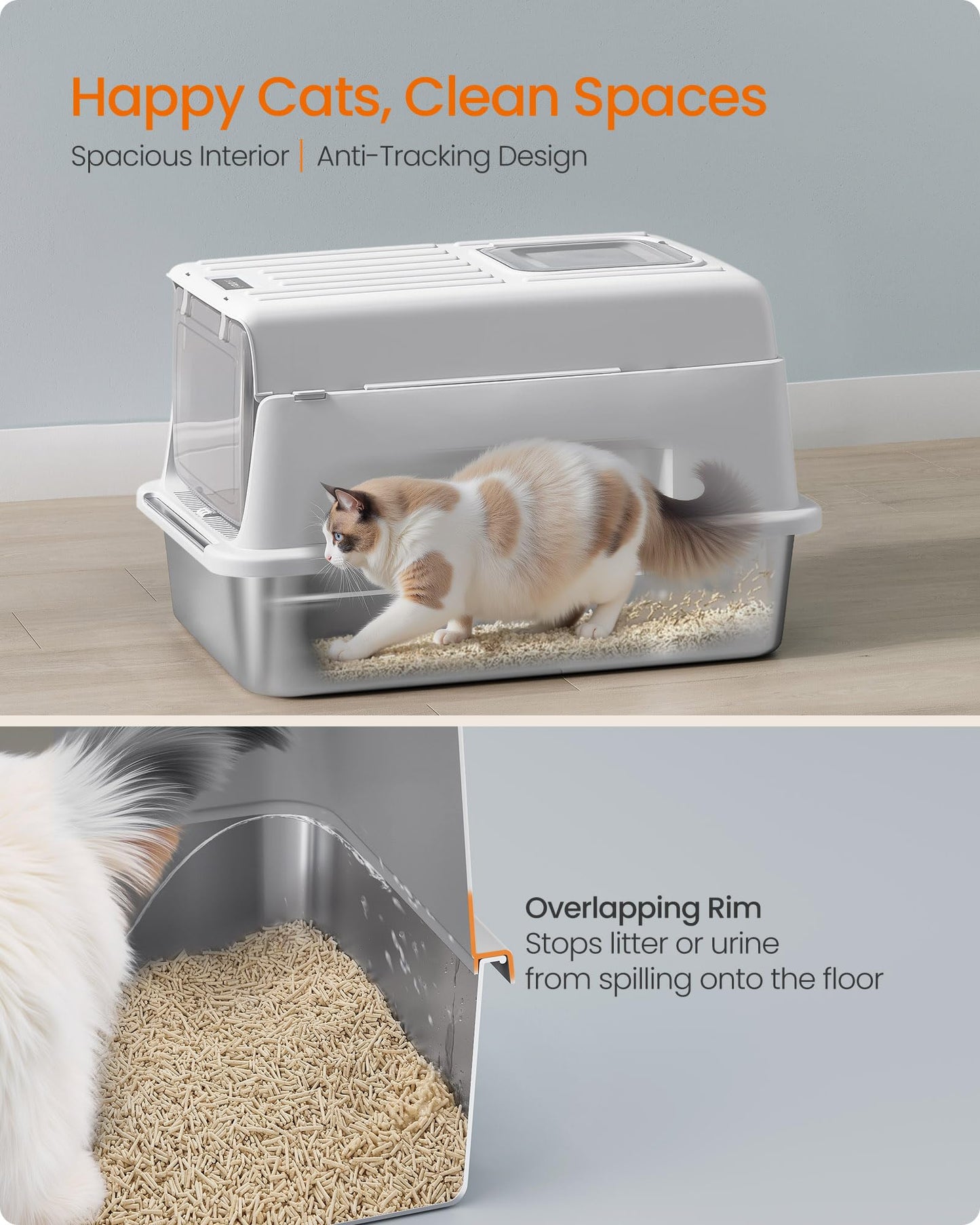 Feandrea Stainless Steel Cat Litter Box with Flip Lid, Litter Catcher Mat and Box, 2 Doors