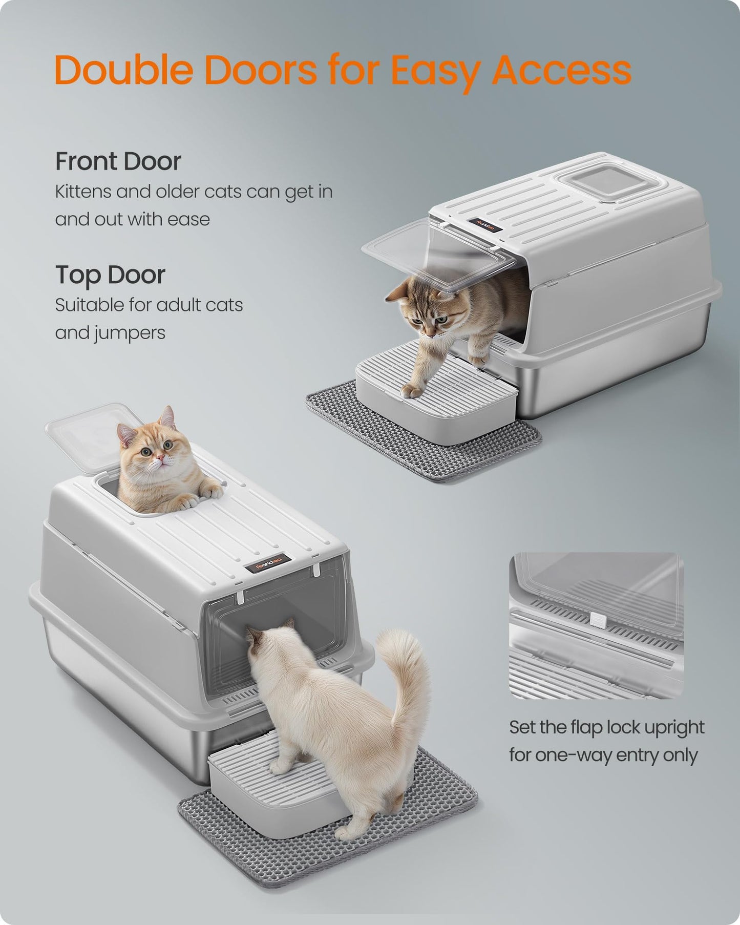Feandrea Stainless Steel Cat Litter Box with Flip Lid, Litter Catcher Mat and Box, 2 Doors