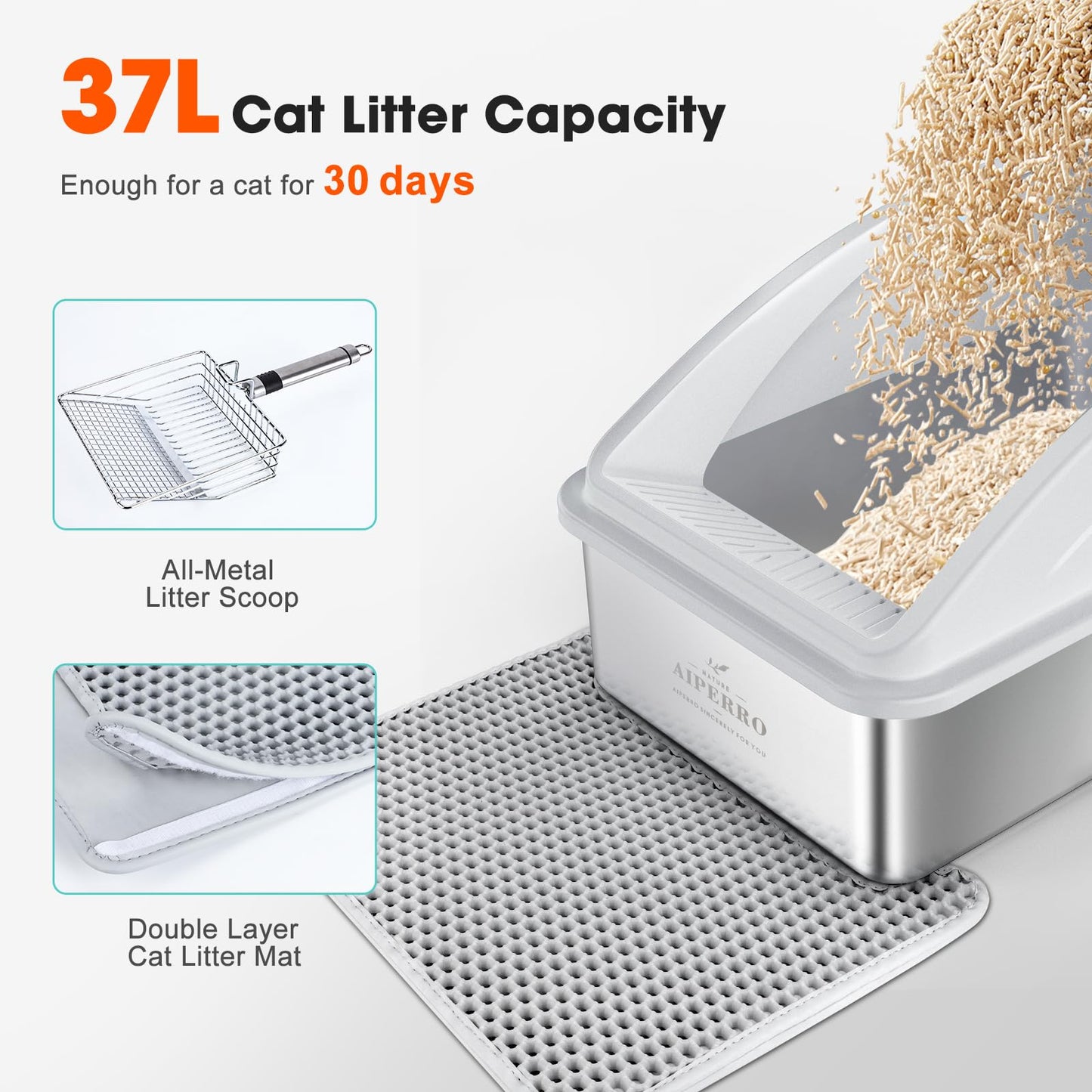 Stainless Steel Litter Box Anti-Urine Leakage. Includes Litter Mat & Metal Scoop