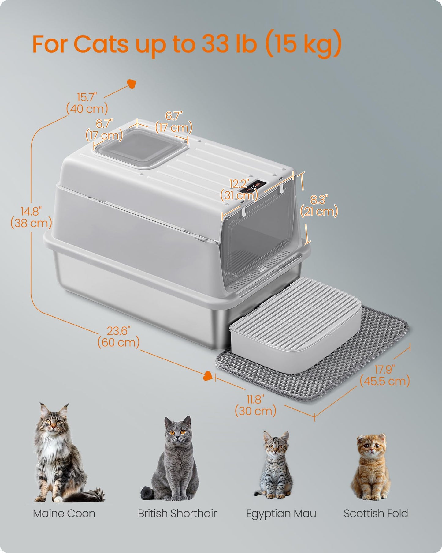 Feandrea Stainless Steel Cat Litter Box with Flip Lid, Litter Catcher Mat and Box, 2 Doors