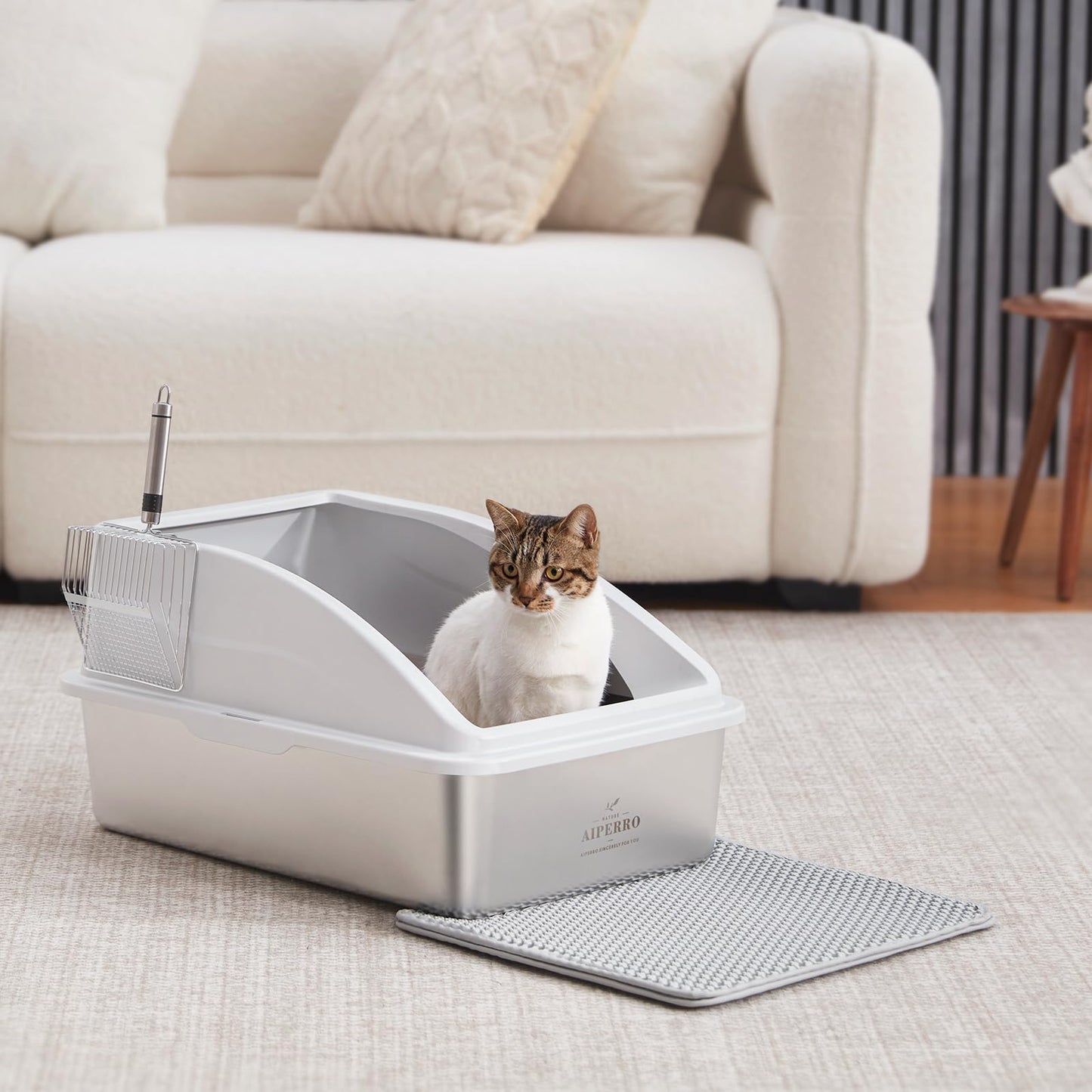 Stainless Steel Litter Box Anti-Urine Leakage. Includes Litter Mat & Metal Scoop