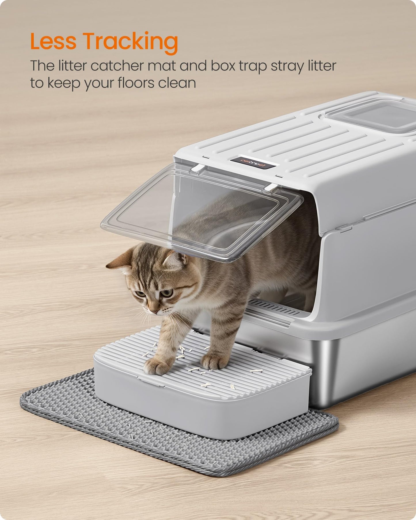 Feandrea Stainless Steel Cat Litter Box with Flip Lid, Litter Catcher Mat and Box, 2 Doors