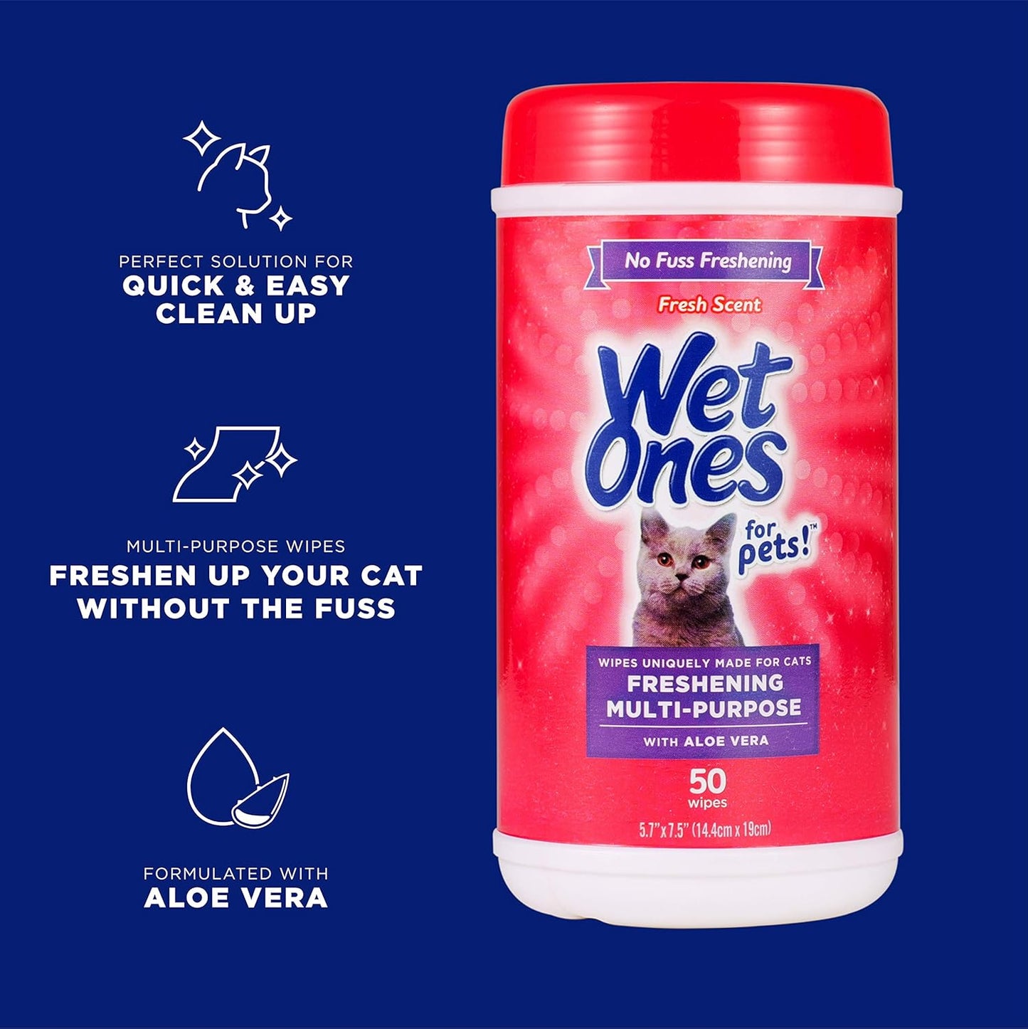 Wet Ones for Cats Freshening Wipes, Multi-Purpose Cat Grooming Wipes with Aloe Vera